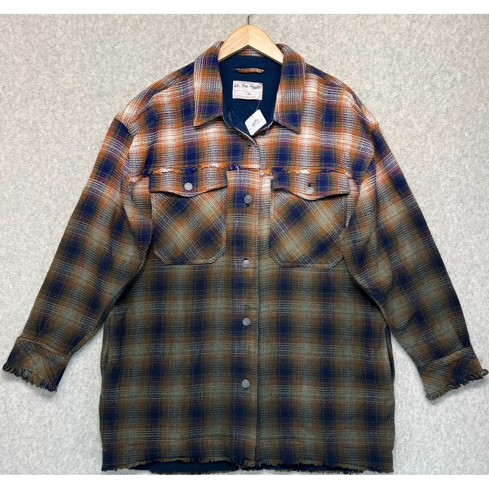 NWT We The Free Womens Shacket Shirt Jacket Navy Tobacco Combo Anneli Plaid XL